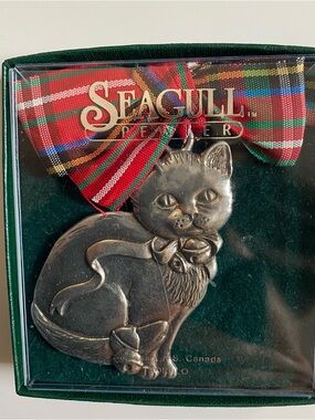Cat Ornament with Red Tartan Ribbon